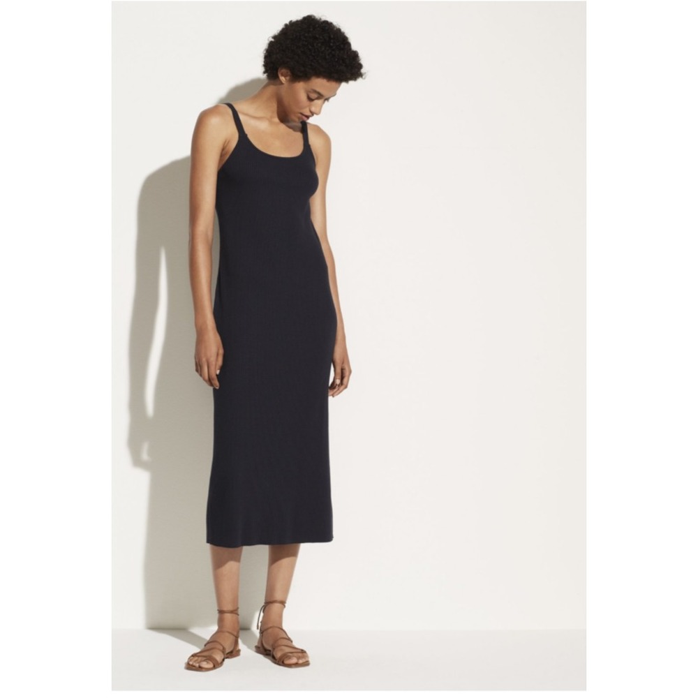 Vince Ribbed Camisole Midi Slip Dress Size M Dark Blue Fitted Stretch Sleeveless